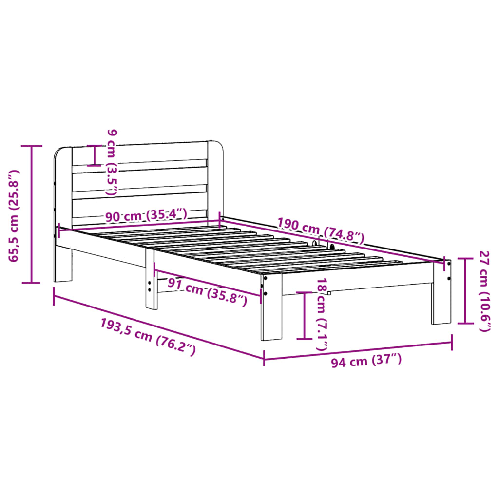 Bed Frame without Mattress 90x190 cm Single Solid Wood Pine