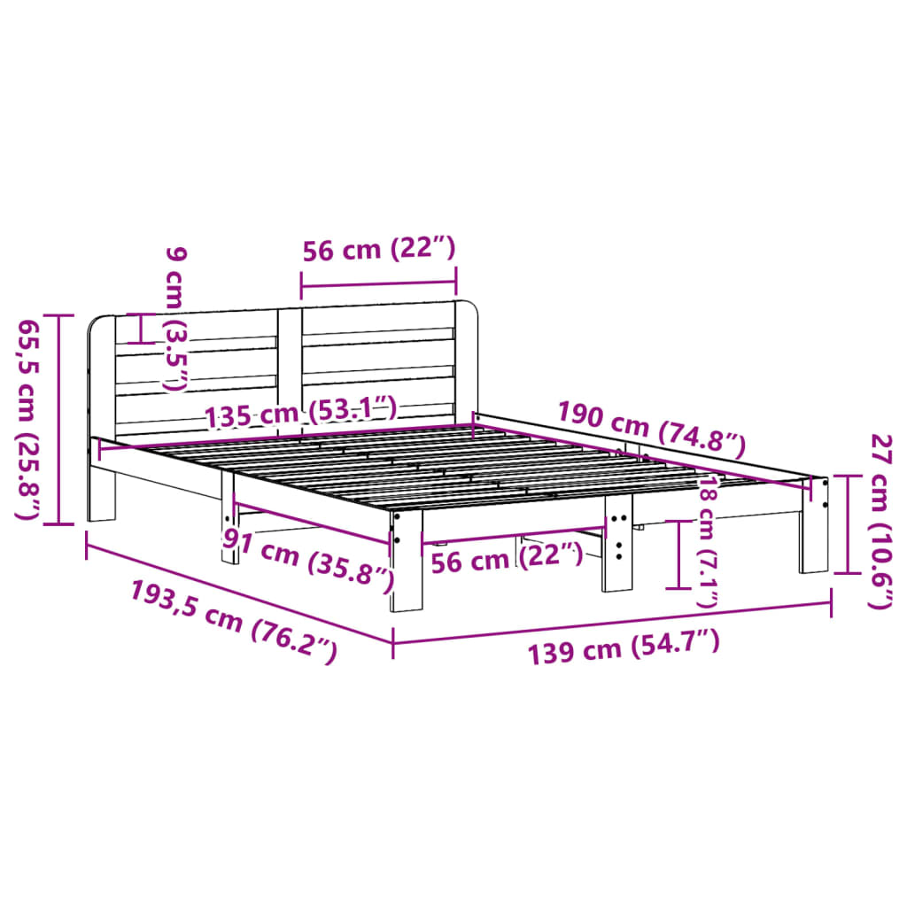 Solid Pine Wood Double Bed Frame 135x190 cm - No Mattress Included