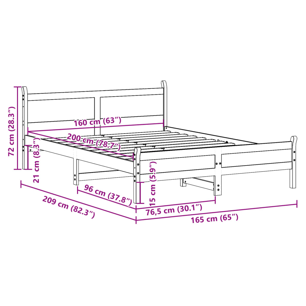 Solid Pine Wood Bed Frame 160x200 cm - No Mattress Included