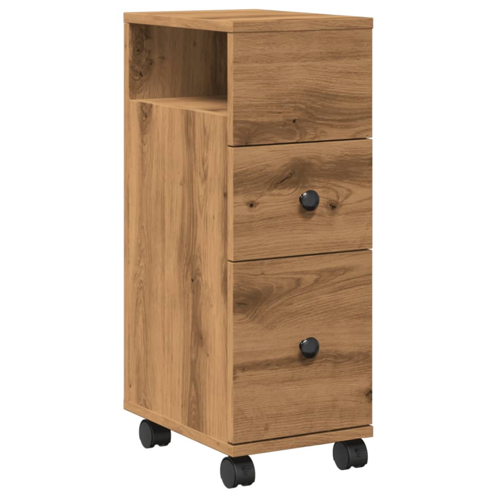 Rolling Artisian Oak Narrow Bathroom Cabinet - Engineered Wood