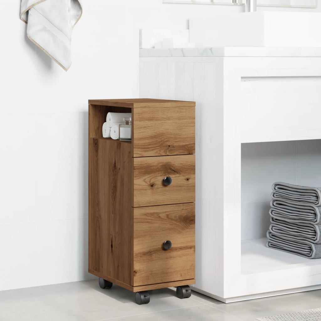 Rolling Artisian Oak Narrow Bathroom Cabinet - Engineered Wood