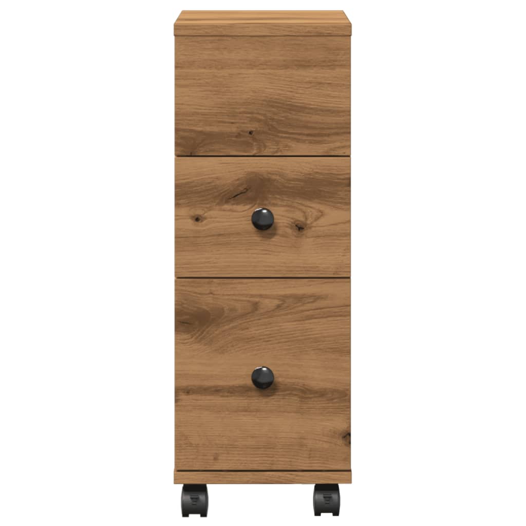 Rolling Artisian Oak Narrow Bathroom Cabinet - Engineered Wood