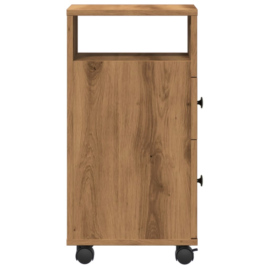 Rolling Artisian Oak Narrow Bathroom Cabinet - Engineered Wood