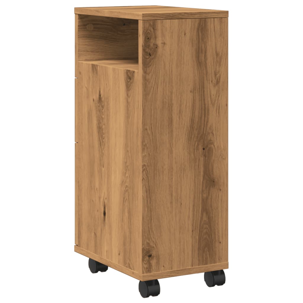 Rolling Artisian Oak Narrow Bathroom Cabinet - Engineered Wood