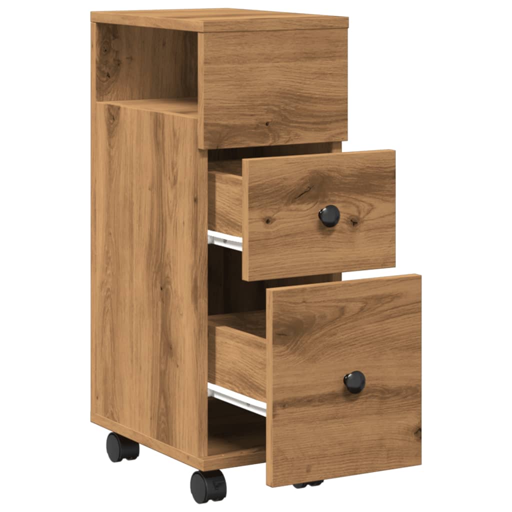 Rolling Artisian Oak Narrow Bathroom Cabinet - Engineered Wood