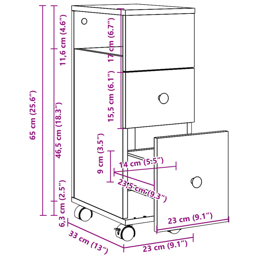Rolling Artisian Oak Narrow Bathroom Cabinet - Engineered Wood