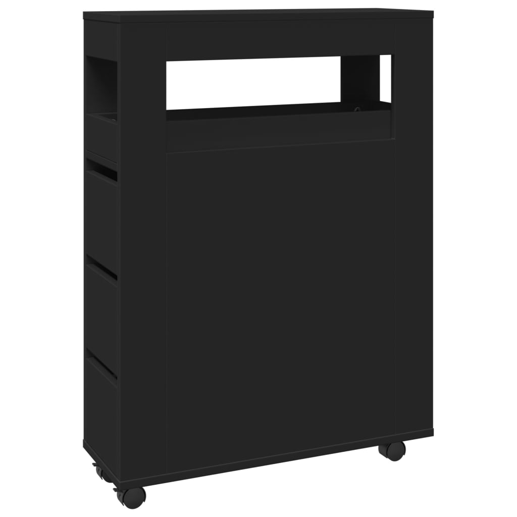 Sleek Black Narrow Bathroom Cabinet on Wheels - Engineered Wood