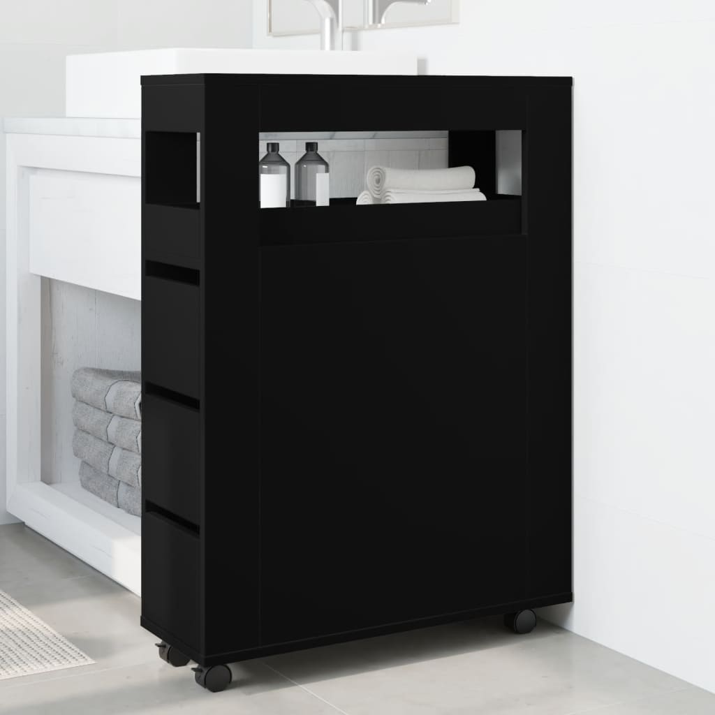 Sleek Black Narrow Bathroom Cabinet on Wheels - Engineered Wood