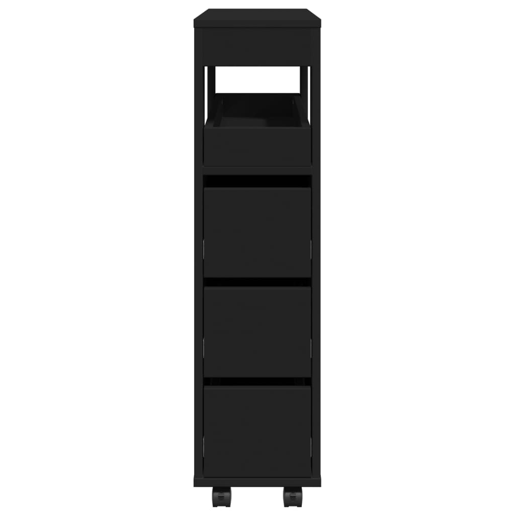Sleek Black Narrow Bathroom Cabinet on Wheels - Engineered Wood