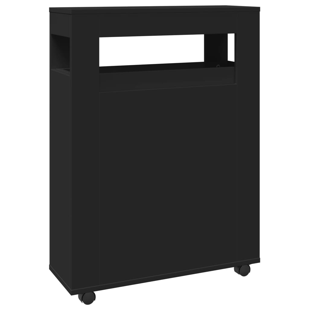 Sleek Black Narrow Bathroom Cabinet on Wheels - Engineered Wood