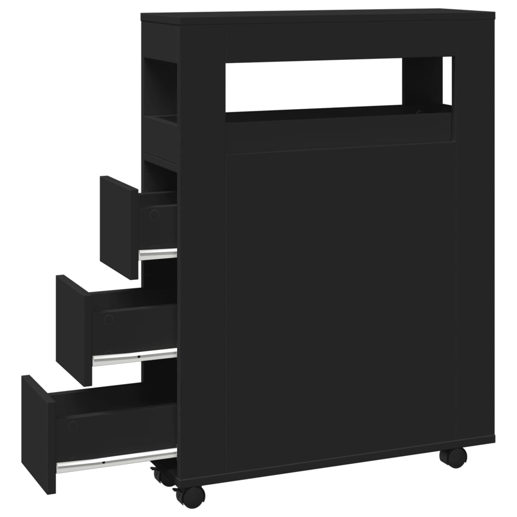 Sleek Black Narrow Bathroom Cabinet on Wheels - Engineered Wood