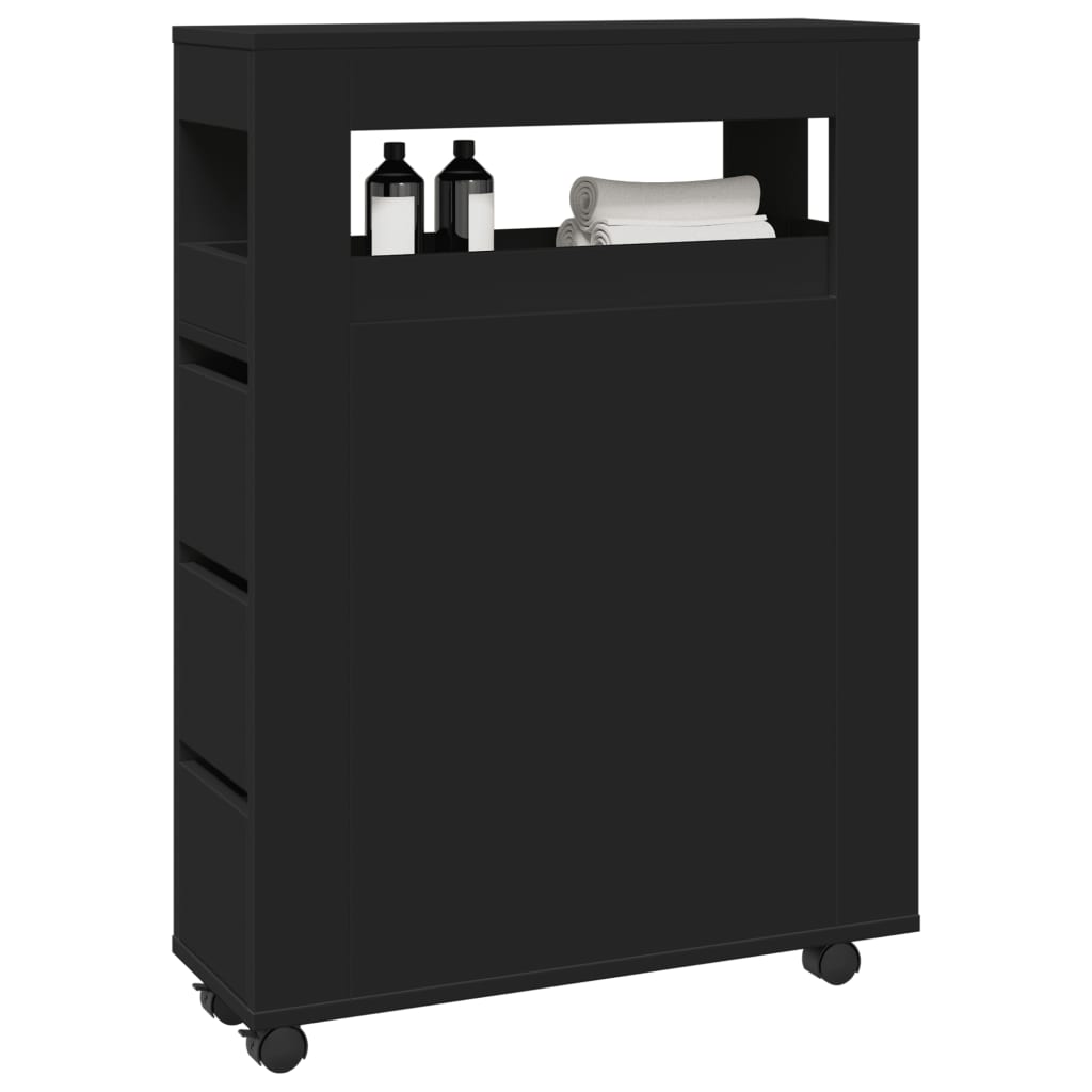 Sleek Black Narrow Bathroom Cabinet on Wheels - Engineered Wood