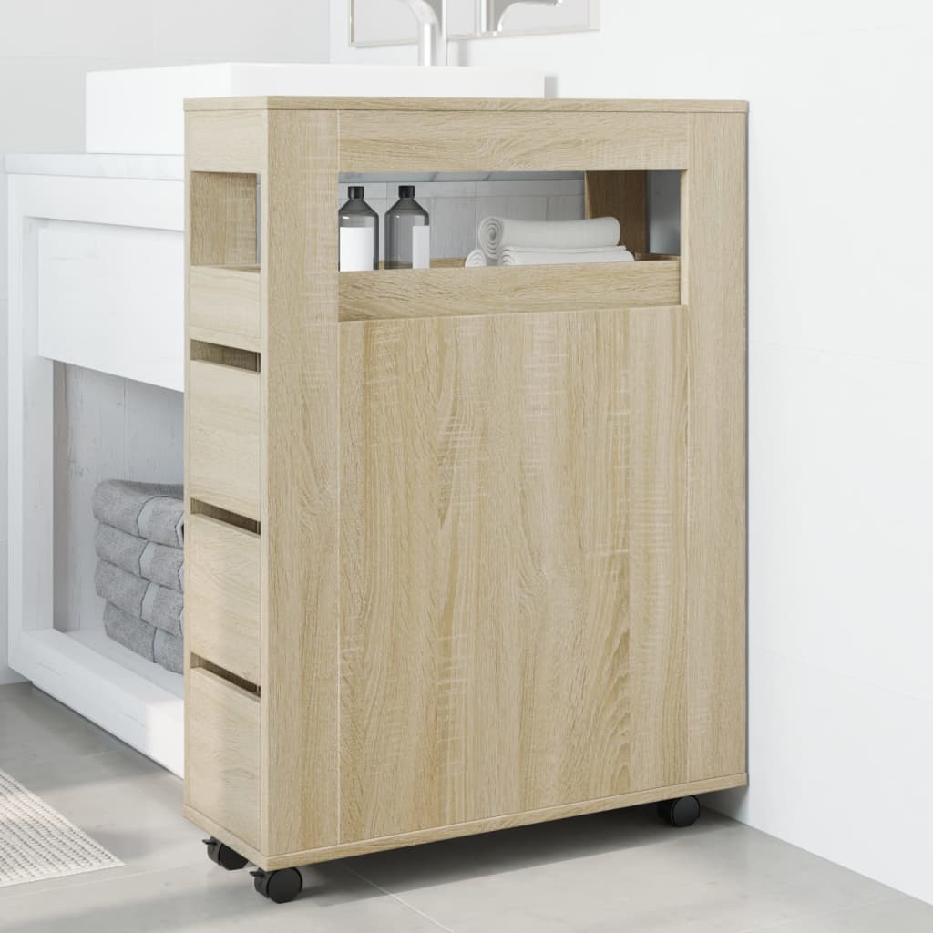 Narrow Sonoma Oak Bathroom Cabinet with Wheels - Engineered Wood