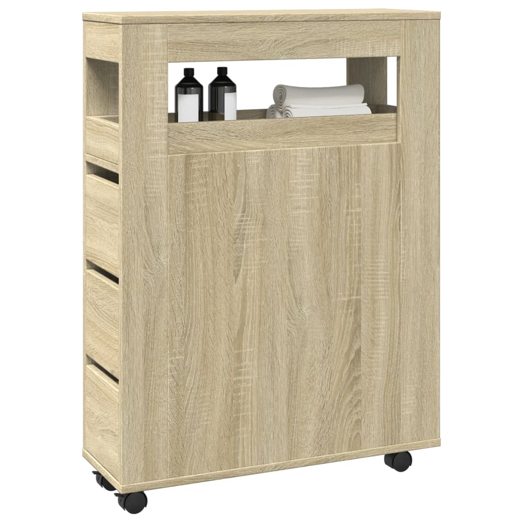 Narrow Sonoma Oak Bathroom Cabinet with Wheels - Engineered Wood
