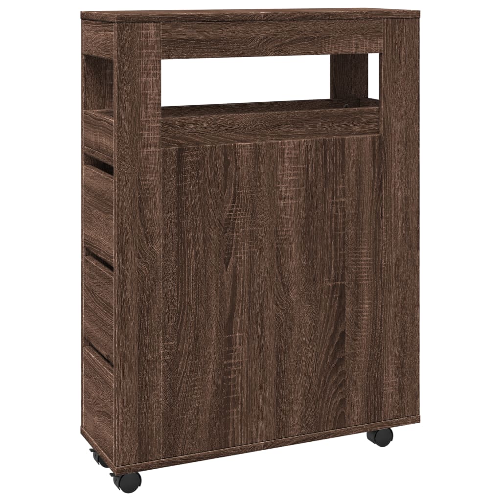 Compact Brown Oak Rolling Bathroom Cabinet - Engineered Wood