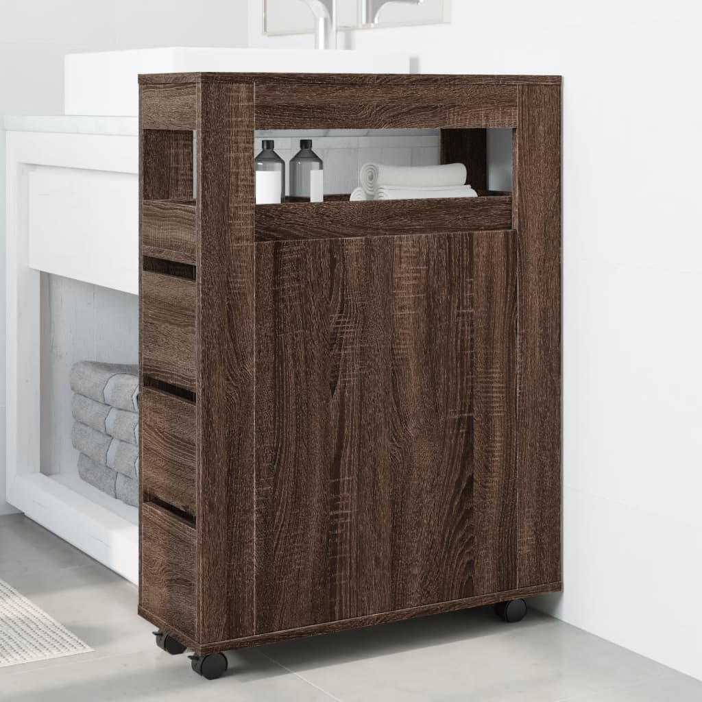 Compact Brown Oak Rolling Bathroom Cabinet - Engineered Wood