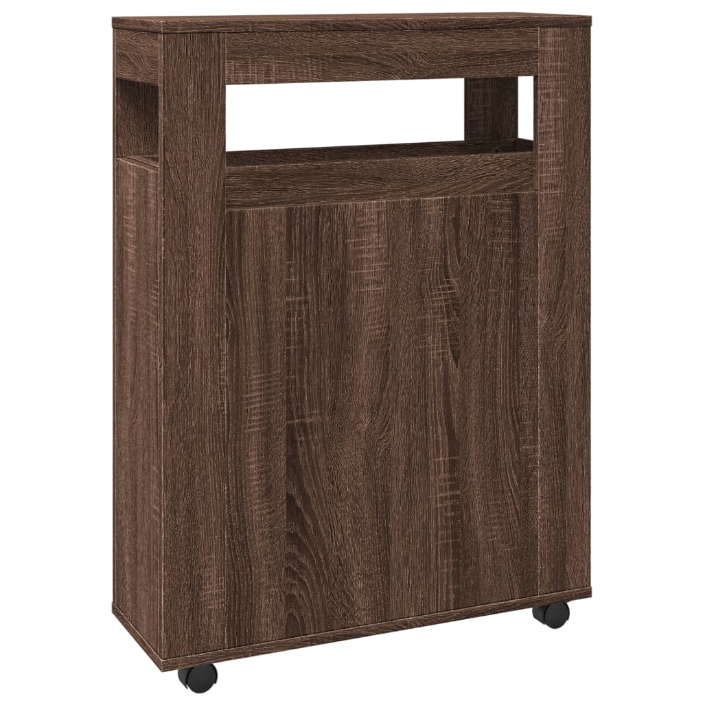 Compact Brown Oak Rolling Bathroom Cabinet - Engineered Wood