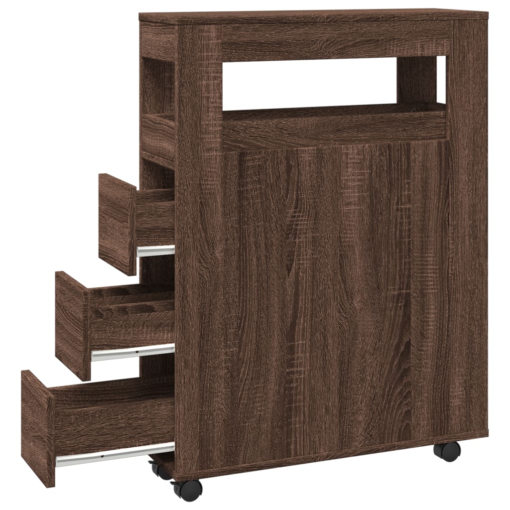 Compact Brown Oak Rolling Bathroom Cabinet - Engineered Wood