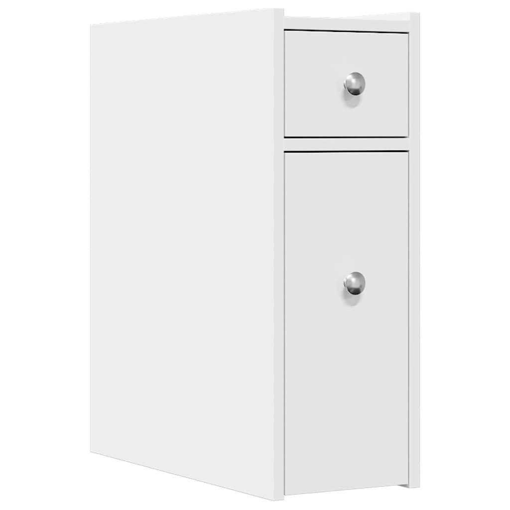 Compact White Engineered Wood Bathroom Cupboard on Wheels