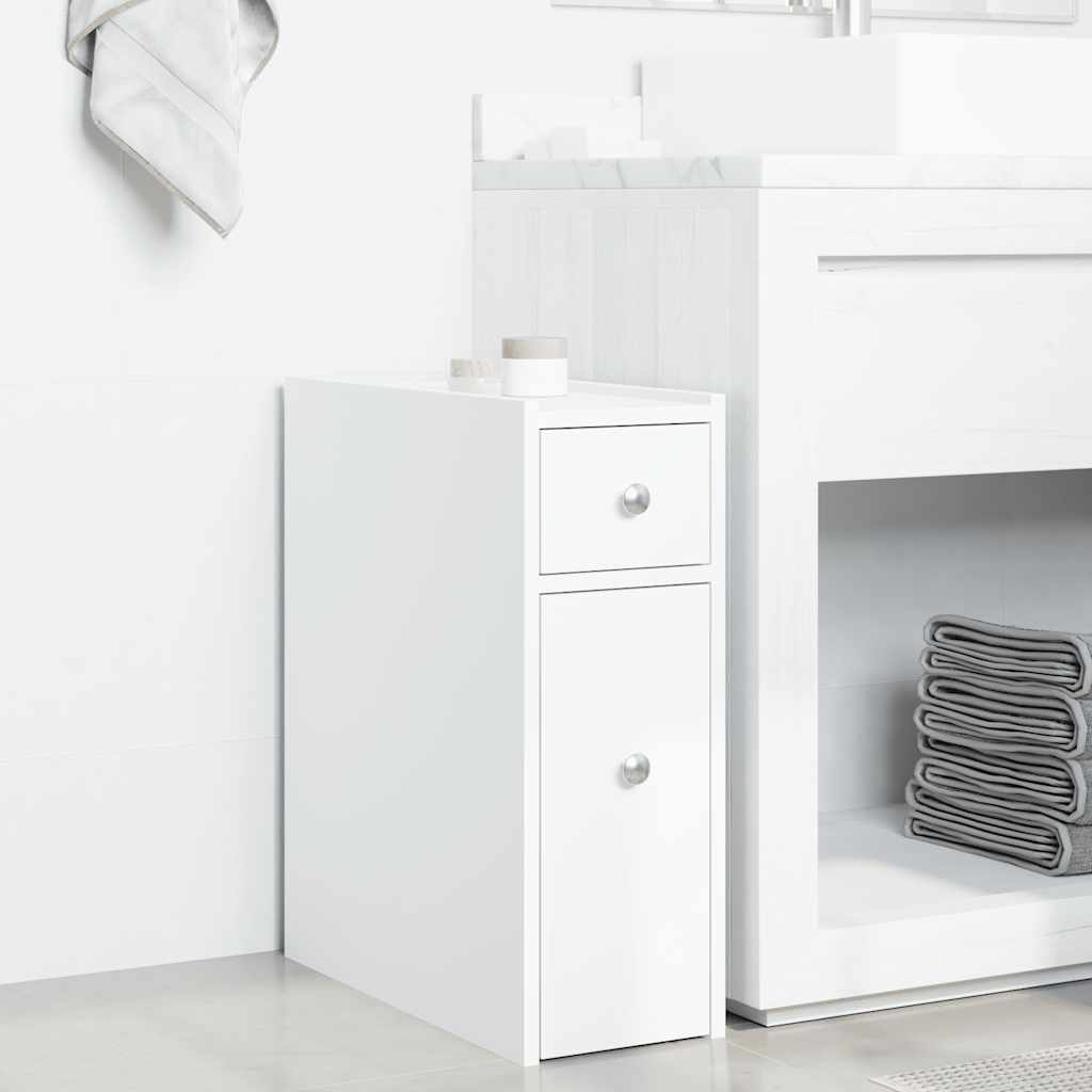 Compact White Engineered Wood Bathroom Cupboard on Wheels
