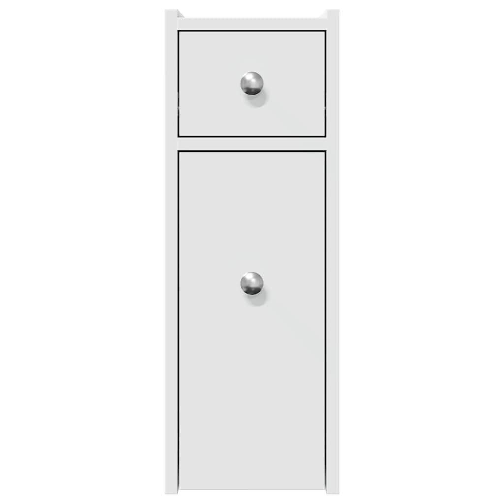 Compact White Engineered Wood Bathroom Cupboard on Wheels