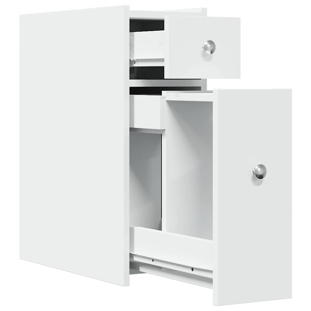 Compact White Engineered Wood Bathroom Cupboard on Wheels