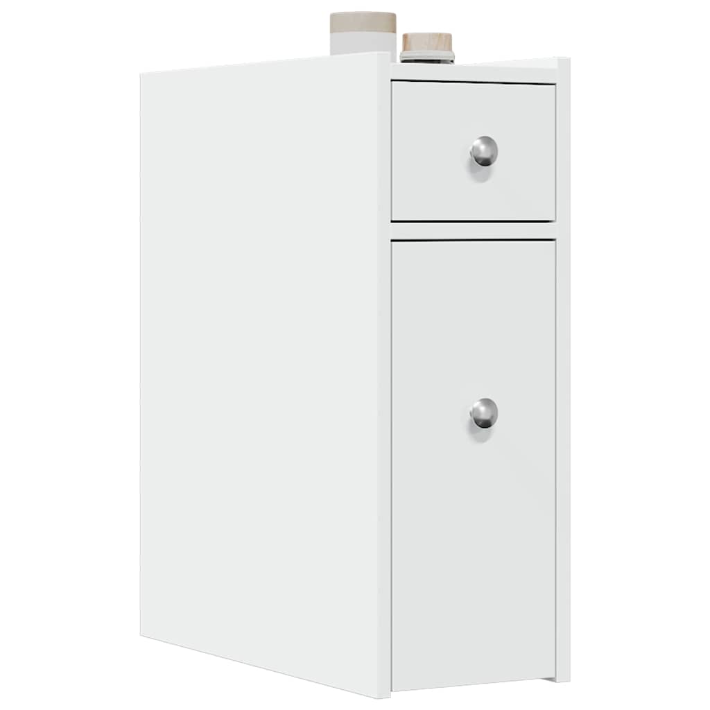 Compact White Engineered Wood Bathroom Cupboard on Wheels