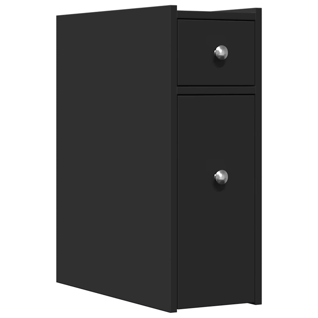 Black Engineered Wood Narrow Bathroom Cupboard with Wheels