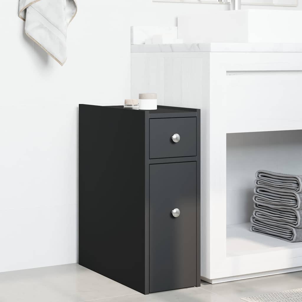 Black Engineered Wood Narrow Bathroom Cupboard with Wheels