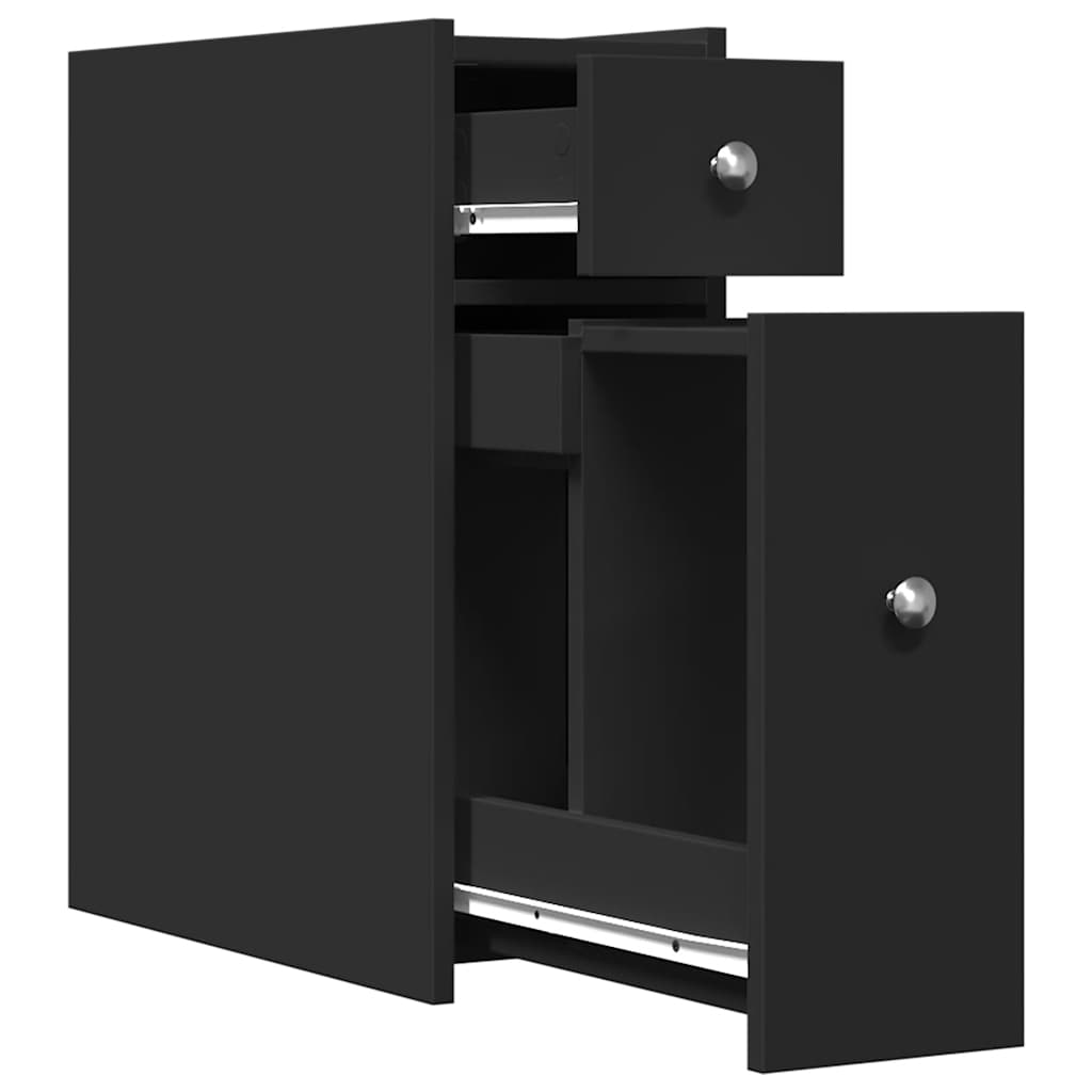 Black Engineered Wood Narrow Bathroom Cupboard with Wheels
