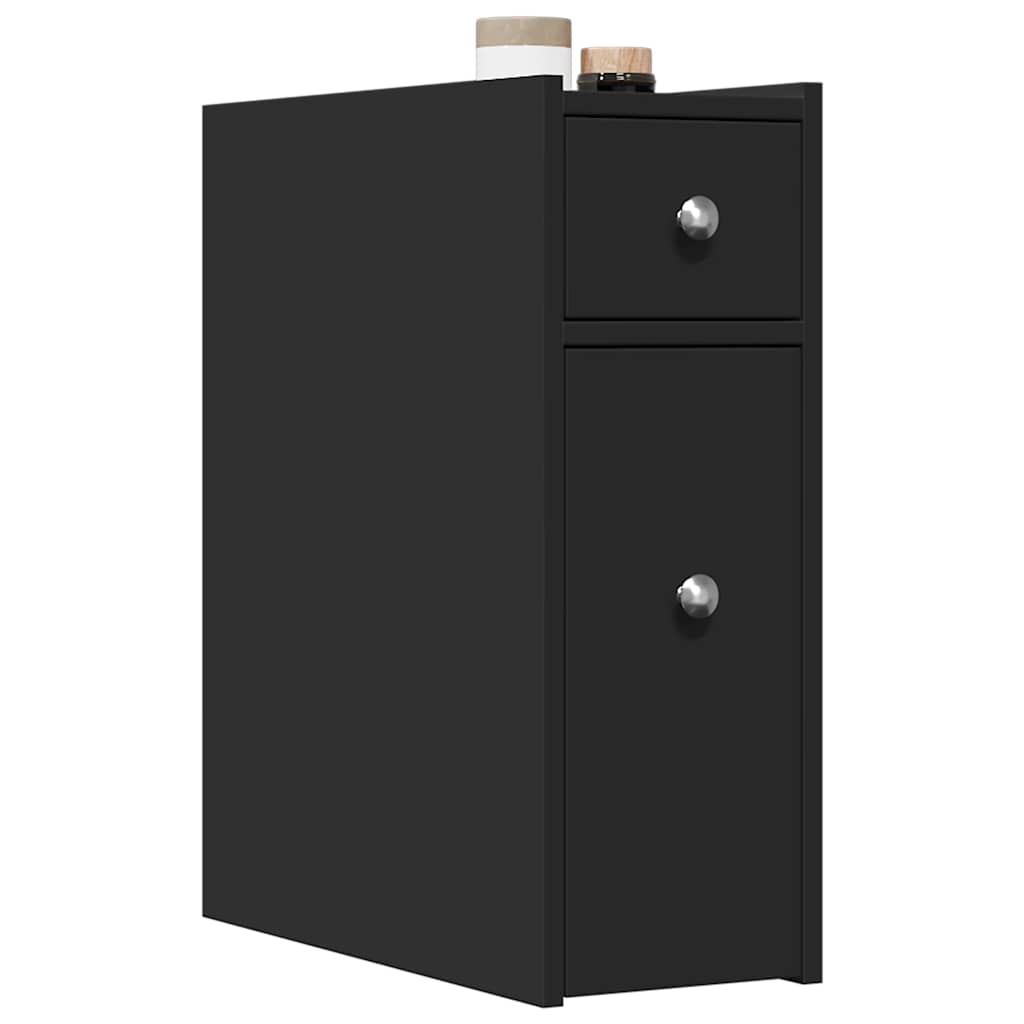 Black Engineered Wood Narrow Bathroom Cupboard with Wheels