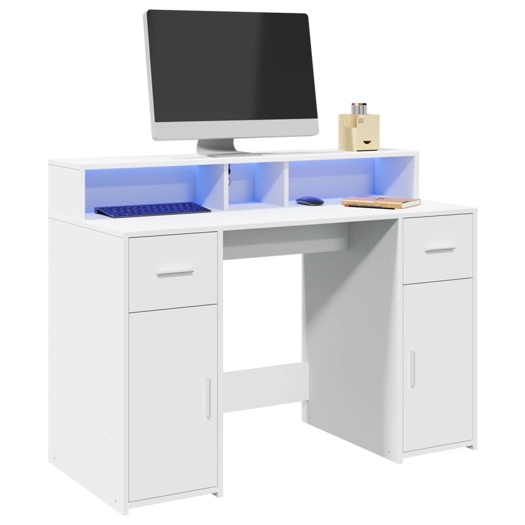 White Desk 120x55x91 cm with LED Lights, Engineered Wood