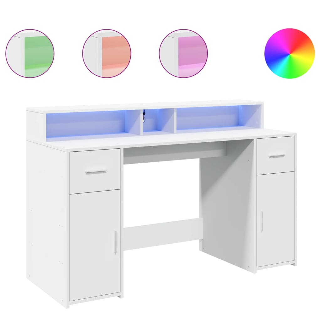White Engineered Wood Desk with LED Lights, 140x55x91 cm