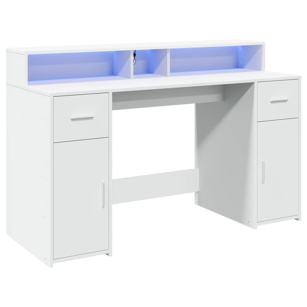 White Engineered Wood Desk with LED Lights, 140x55x91 cm