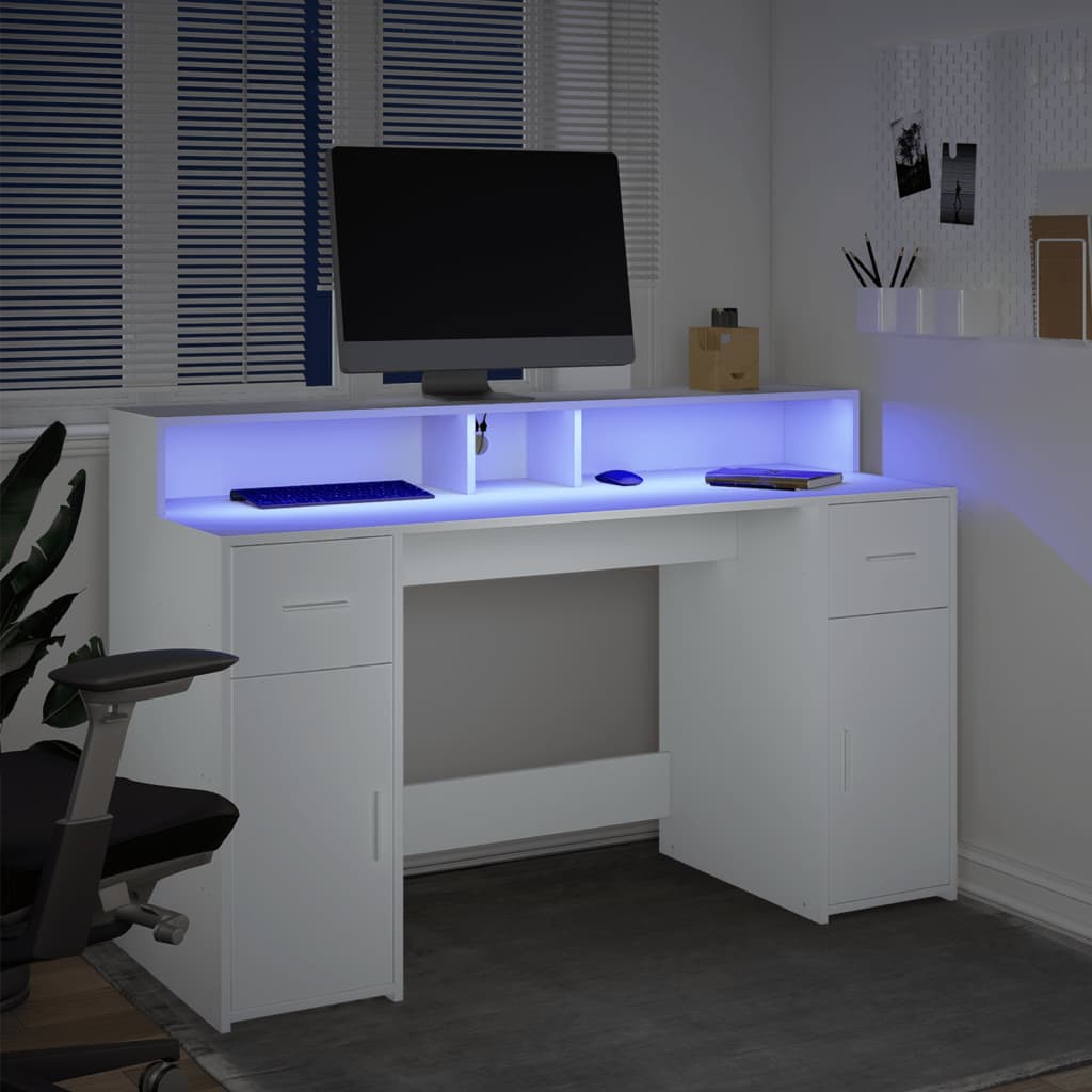 White Engineered Wood Desk with LED Lights, 140x55x91 cm