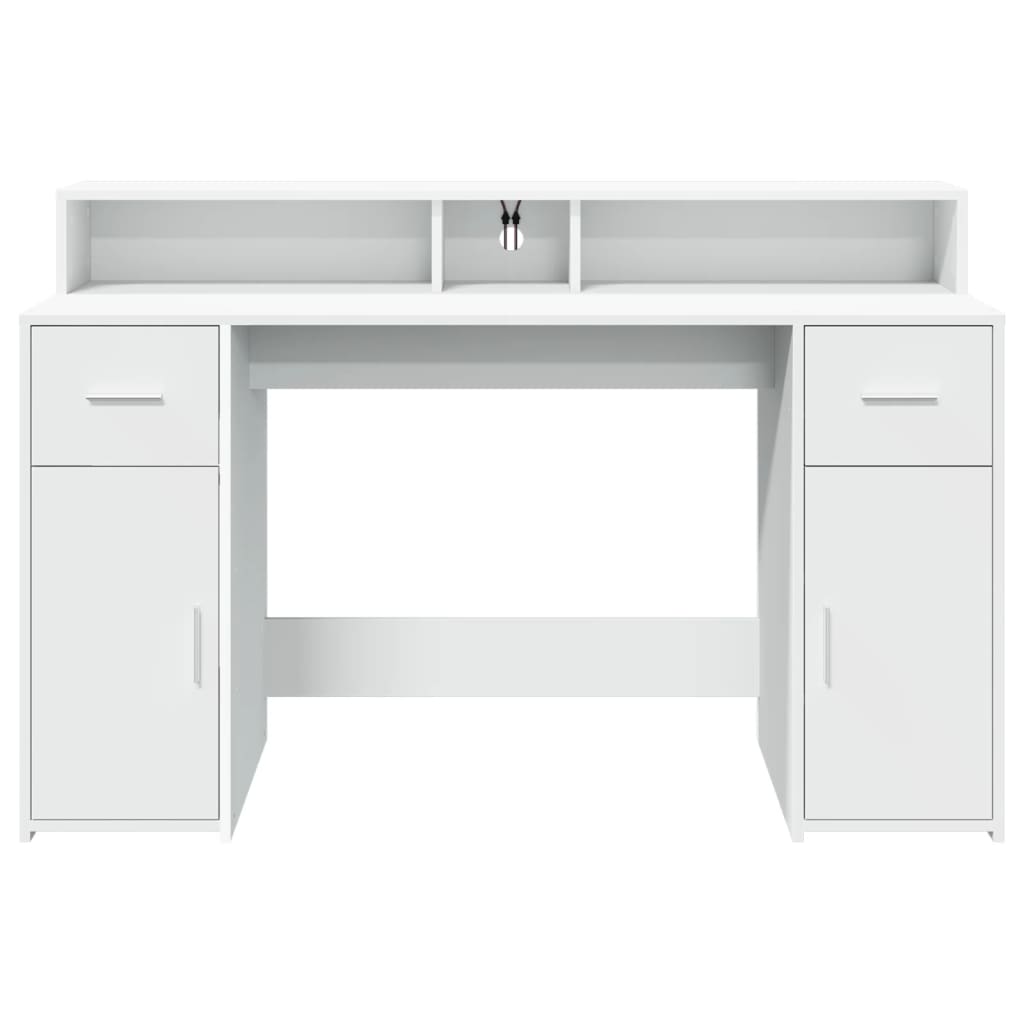 White Engineered Wood Desk with LED Lights, 140x55x91 cm