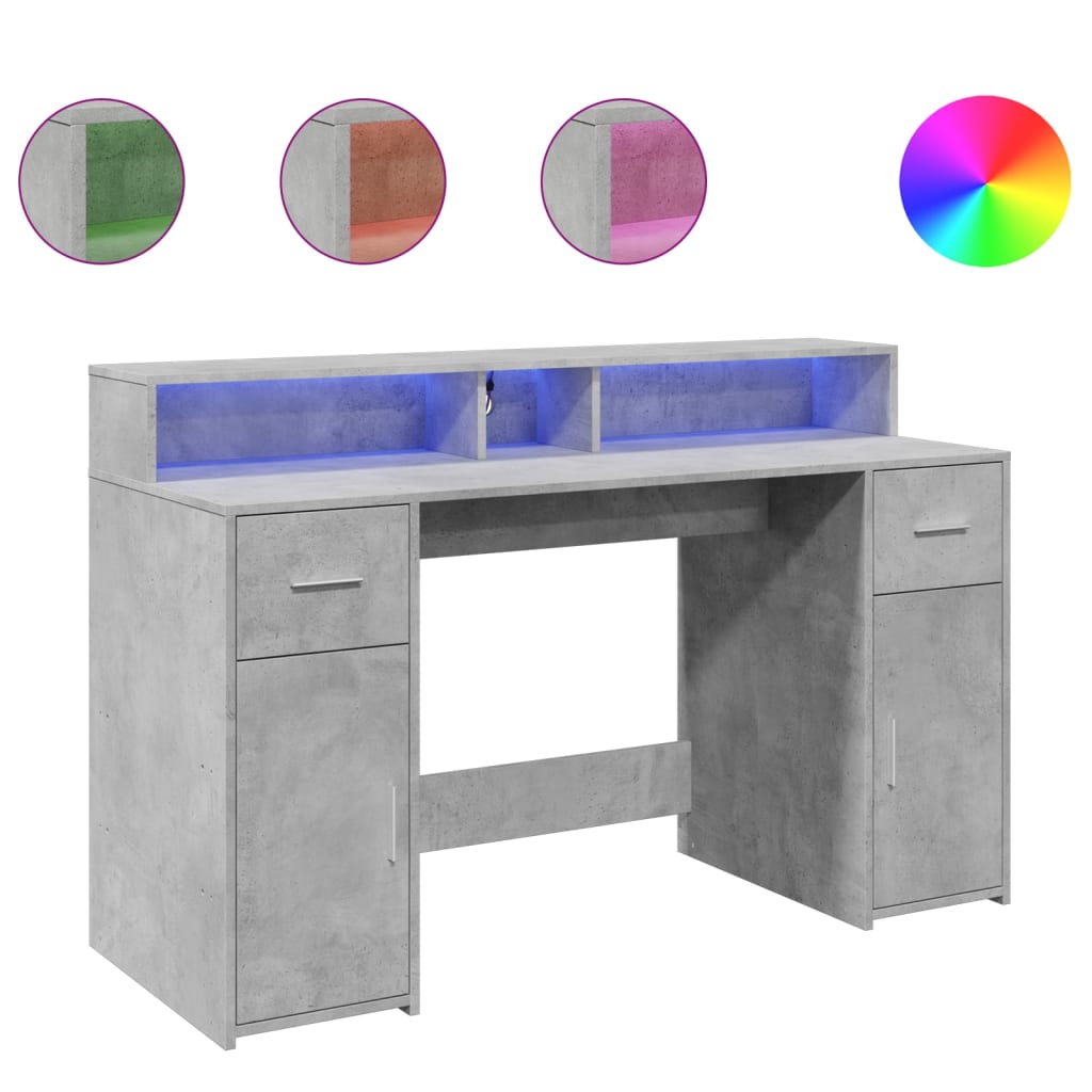 Concrete Grey Desk with LED Lights, Engineered Wood, 140x55x91 cm