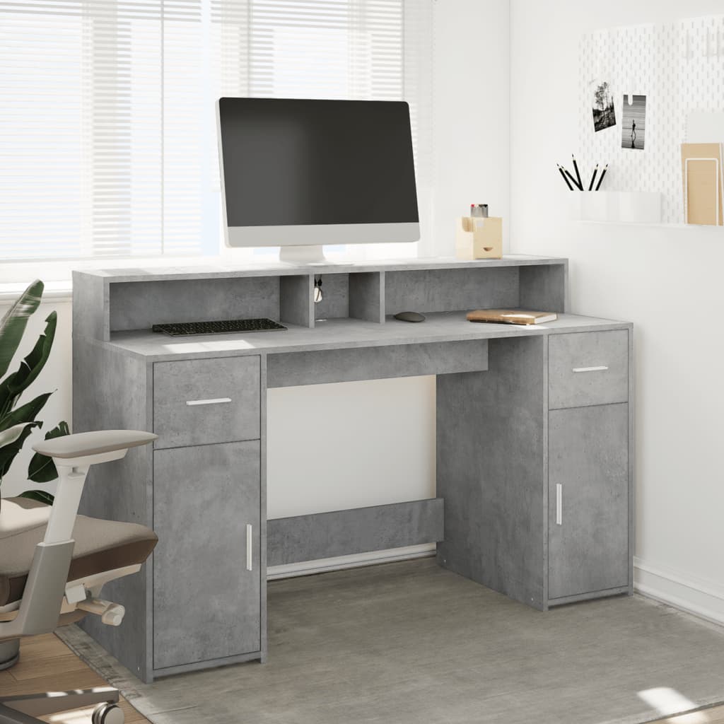 Concrete Grey Desk with LED Lights, Engineered Wood, 140x55x91 cm