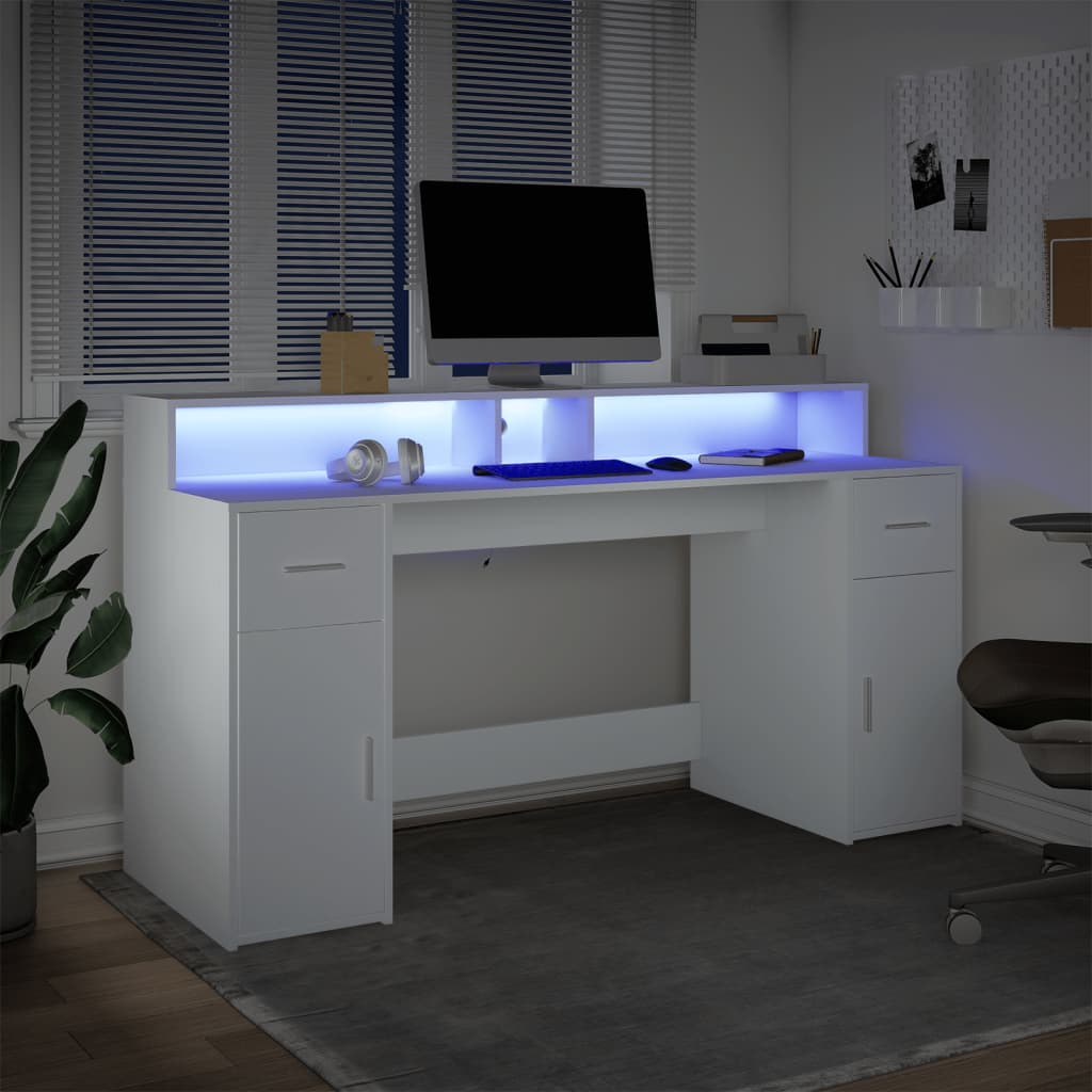 White Engineered Wood Desk with LED Lights - 160x55x91 cm