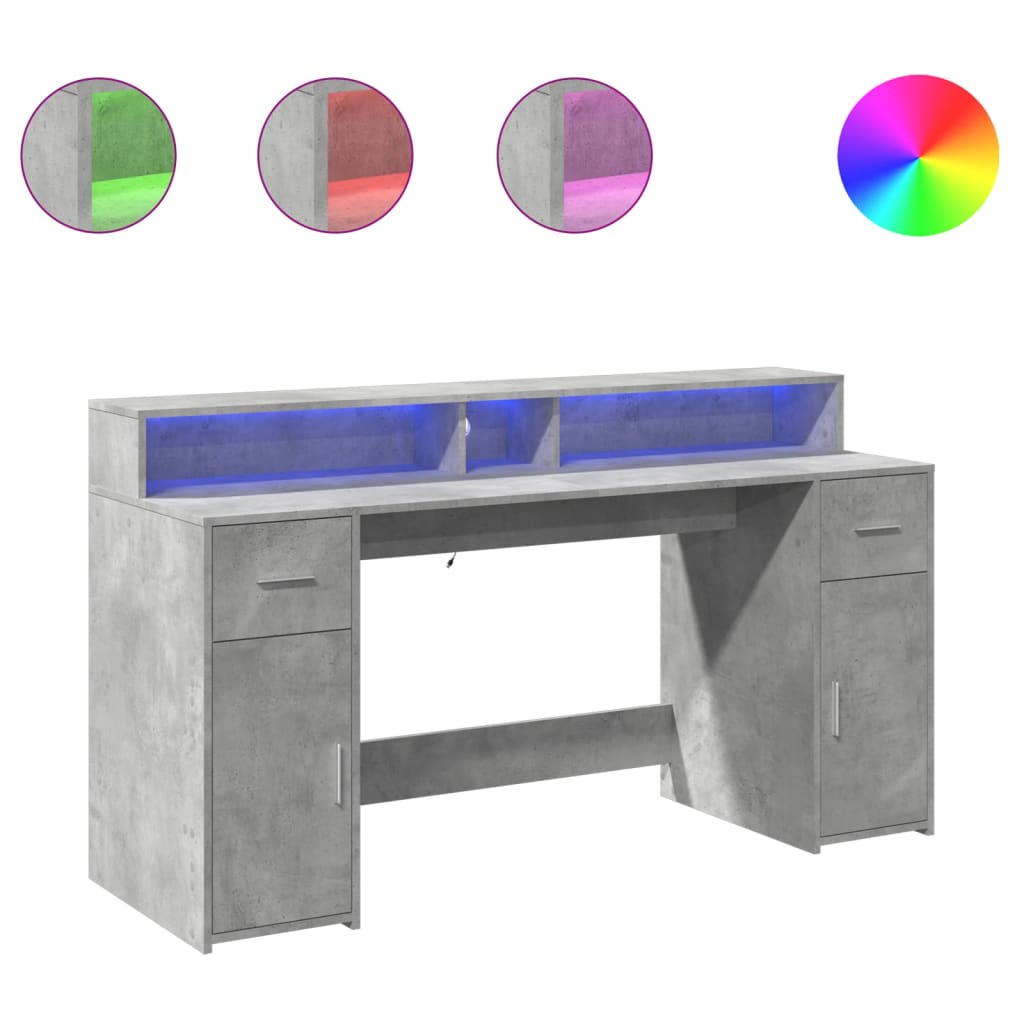 Concrete Grey Engineered Wood Desk with LED Lights, 160x55x91 cm