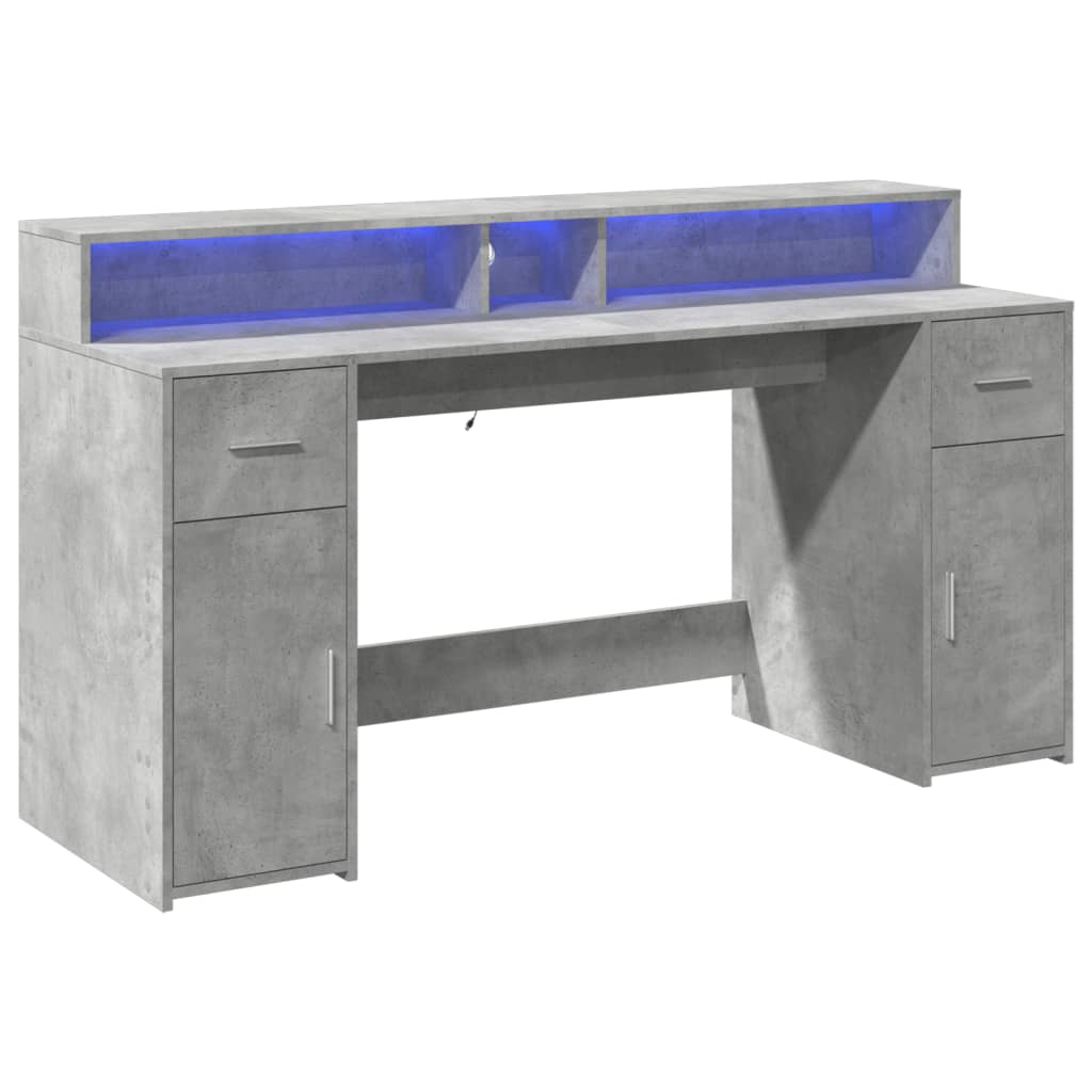 Concrete Grey Engineered Wood Desk with LED Lights, 160x55x91 cm