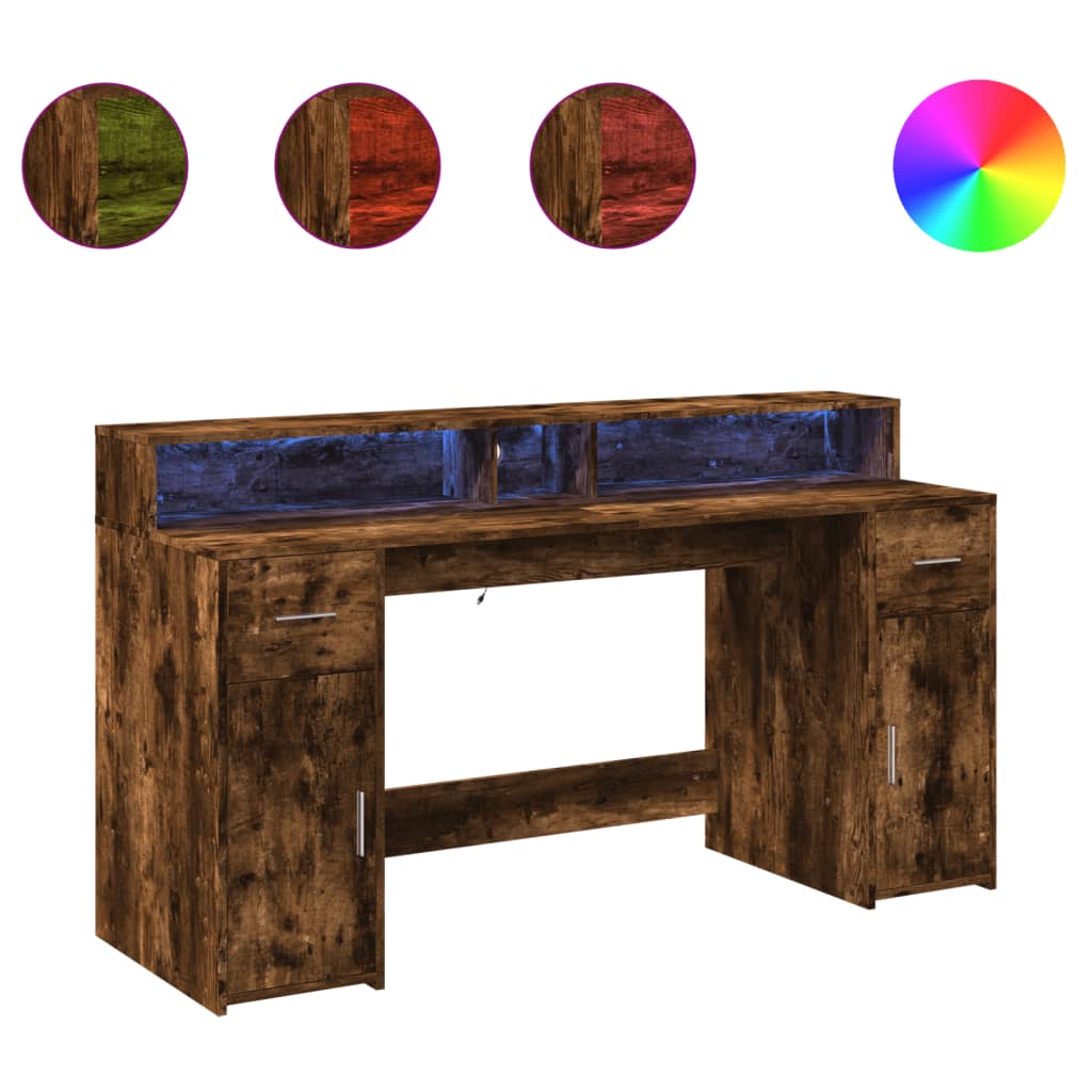Smoked Oak LED Desk 160x55x91 cm - Engineered Wood Elegance