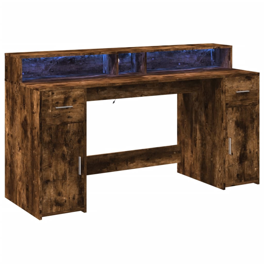 Smoked Oak LED Desk 160x55x91 cm - Engineered Wood Elegance