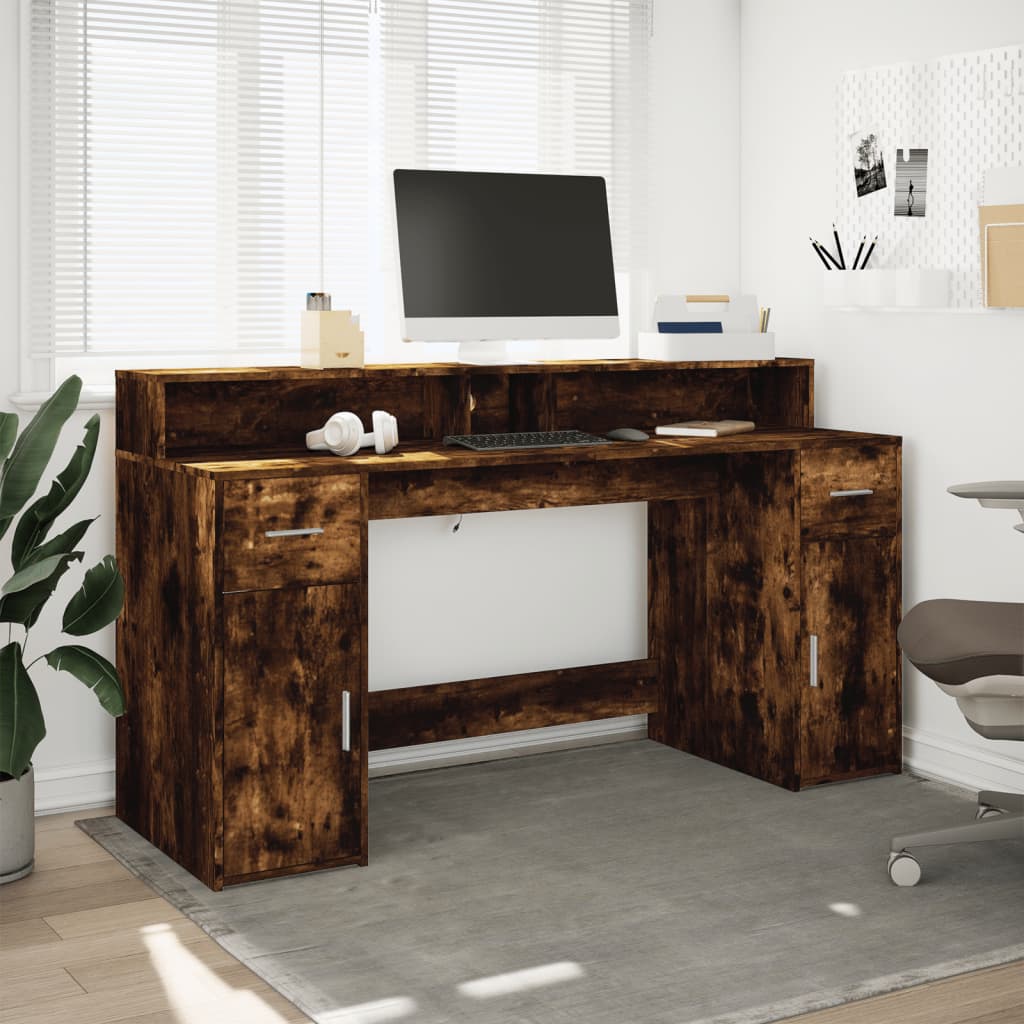 Smoked Oak LED Desk 160x55x91 cm - Engineered Wood Elegance