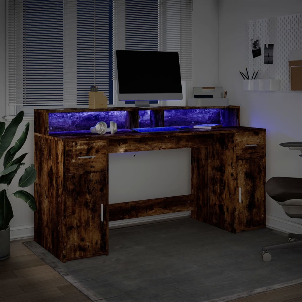 Smoked Oak LED Desk 160x55x91 cm - Engineered Wood Elegance