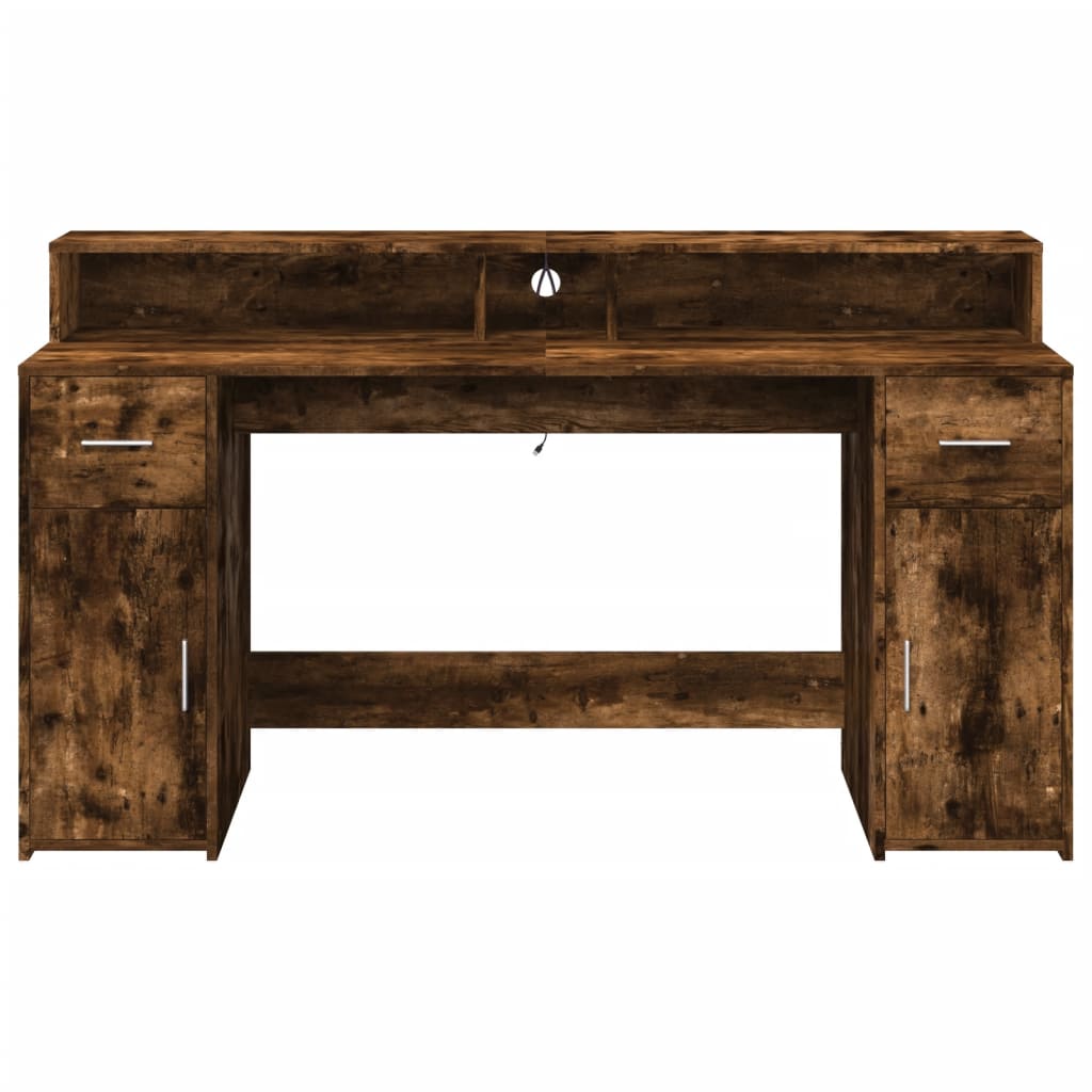 Smoked Oak LED Desk 160x55x91 cm - Engineered Wood Elegance