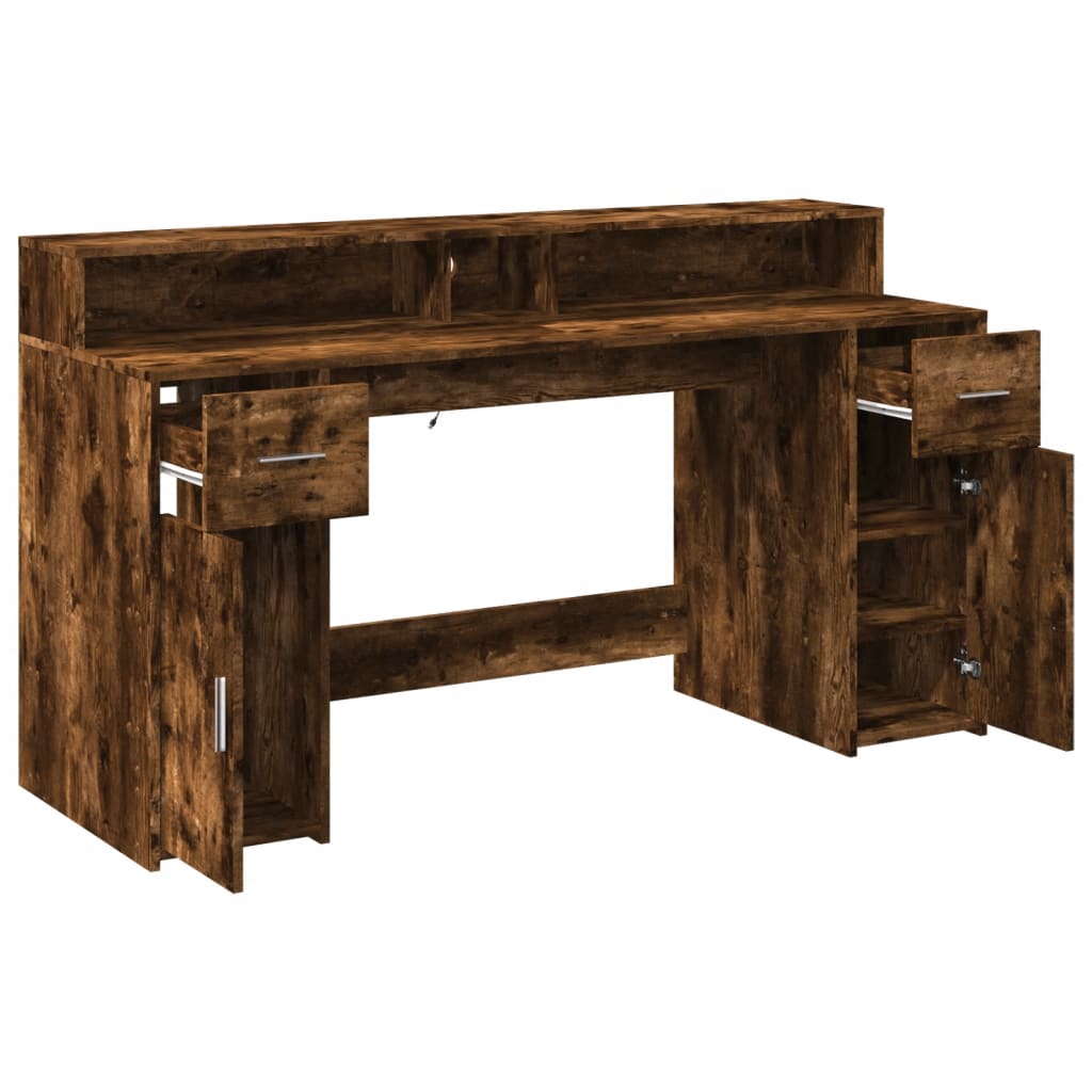 Smoked Oak LED Desk 160x55x91 cm - Engineered Wood Elegance
