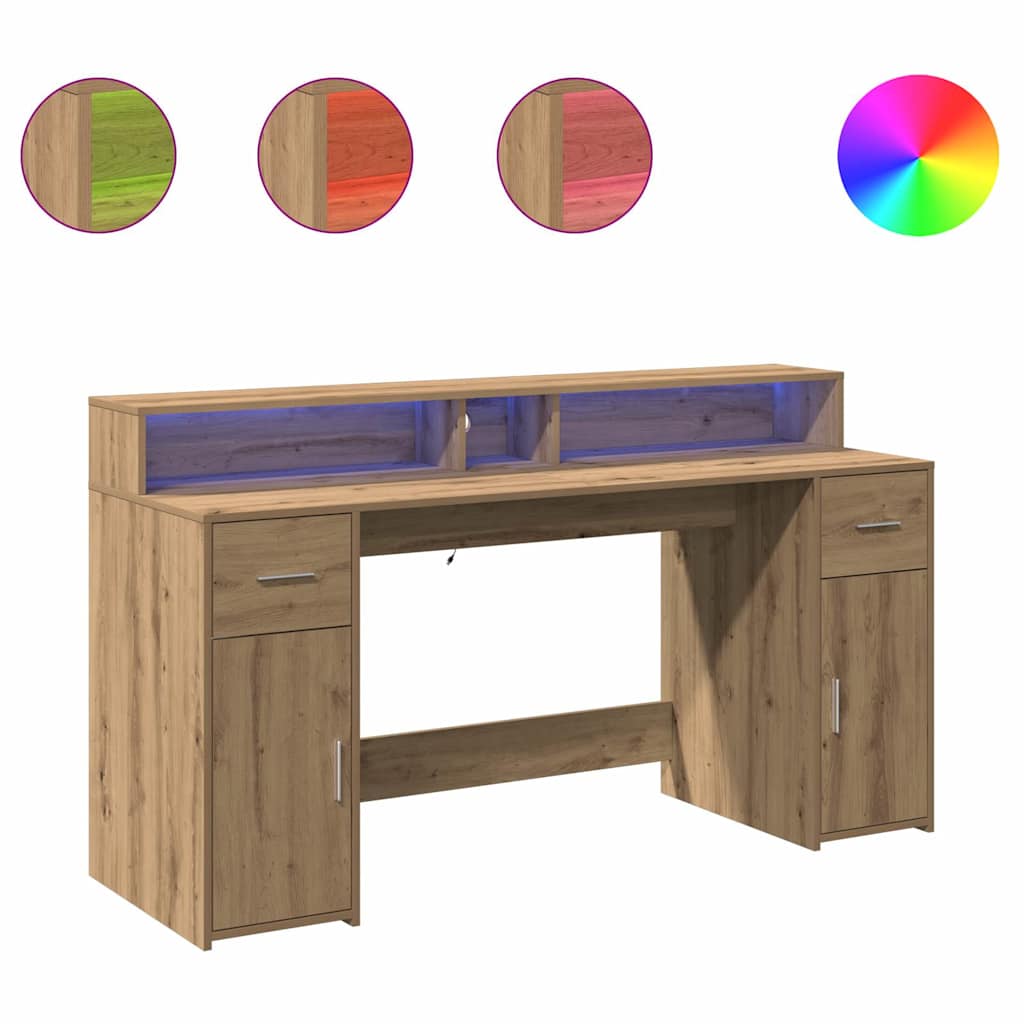 Artisan Oak Desk 160x55x91 cm with LED Lights - Engineered Wood