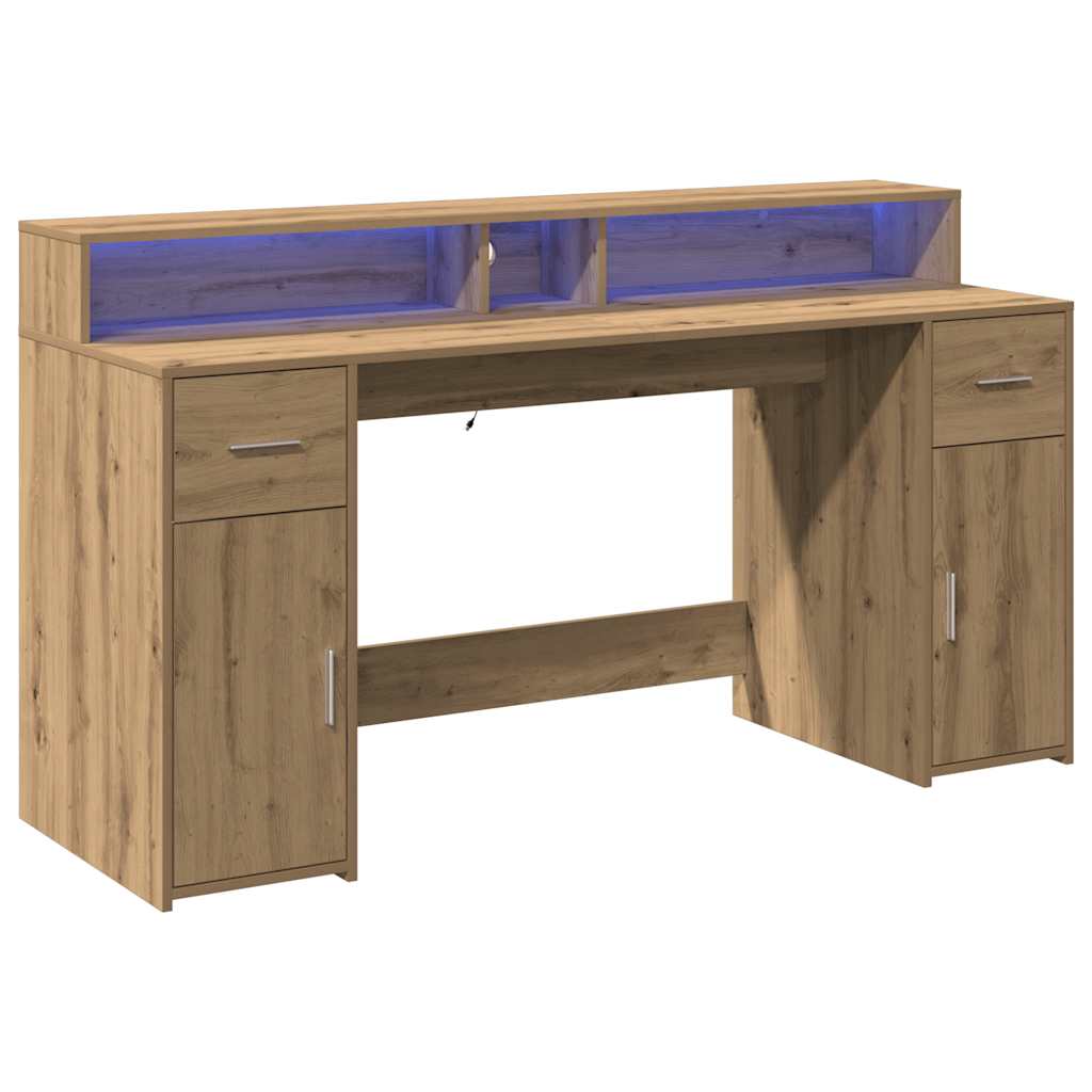Artisan Oak Desk 160x55x91 cm with LED Lights - Engineered Wood