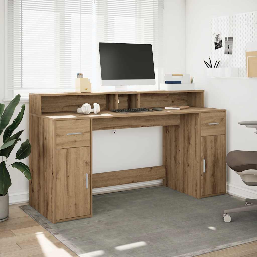 Artisan Oak Desk 160x55x91 cm with LED Lights - Engineered Wood